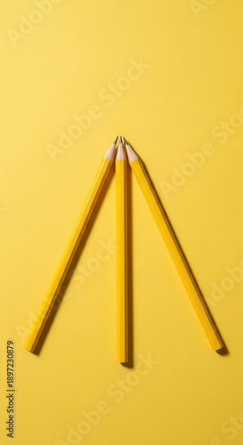 Yellow Pencils Arranged in a Triangle on a Bright Yellow Background for Creative Projects