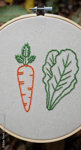 Handcrafted Embroidery of Carrot and Leafy Vegetable on Fabric in Circular Frame