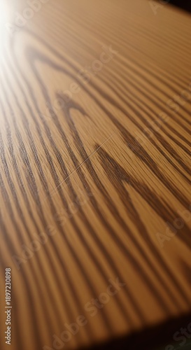 Close-Up View of Natural Wood Grain on Surface with Beautiful Texture and Light Reflection