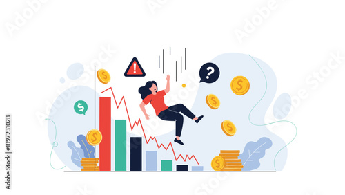 Financial crisis and bankruptcy concept features woman falling alongside downward red arrow and falling coins over declining bar graph charts.