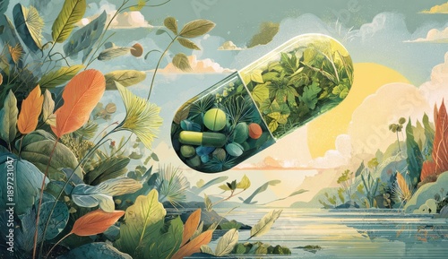 Nature Filled Capsule Floating Over Tranquil River At Sunrise With Lush Greenery