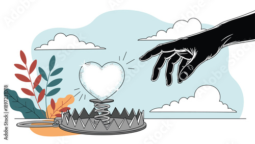 Hand reaches out to touch heart shaped bulb set as bait inside dangerous metal bear trap against soft blue background with various plant leaves.