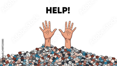 Person drowning in huge pile of pharmaceutical pills reaches hands out for help representing drug addiction and medication overdose crisis.