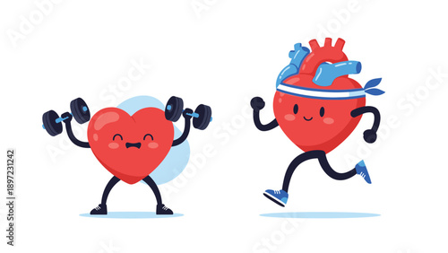 Healthy lifestyle concept features two heart characters exercising by lifting dumbbells and running with sweatband to improve cardiovascular fitness.