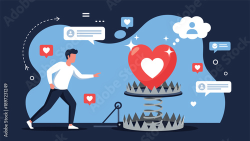 Man reaches for glowing heart placed as bait in dangerous bear trap surrounded by social media notification icons for online dating concept.