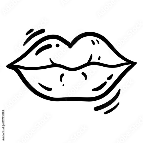 Line art lips kiss doodle, minimalist cartoon style - use in romance, flirting, cosmetics branding on white background