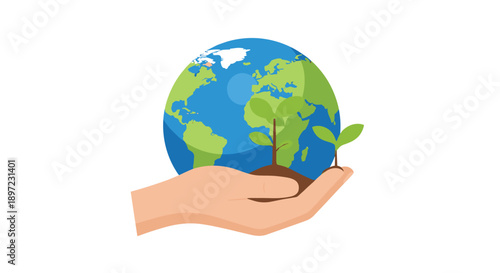 Human Hand Holding the Planet Earth Globe with Growing Green Sprouts Illustration for Environmental Nurturing Protection and Global Sustainability Awareness, Generative AI.