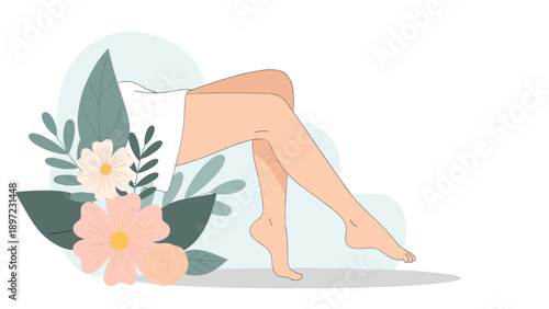 Elegant female legs posed gracefully against a backdrop of soft green leaves and pretty pink flowers for beauty concepts.
