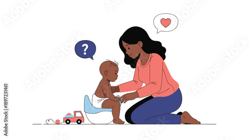 Caring mother helping her young child with potty training while sitting together on the floor in a home setting.