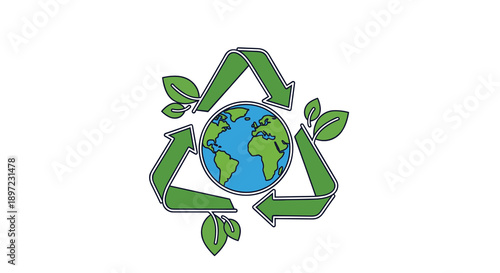 Recycling Symbol Featuring Green Arrows and Leaves Surrounding a Planet Earth Globe Illustration Representing Global Waste Reduction and Sustainability Initiatives, Generative AI.