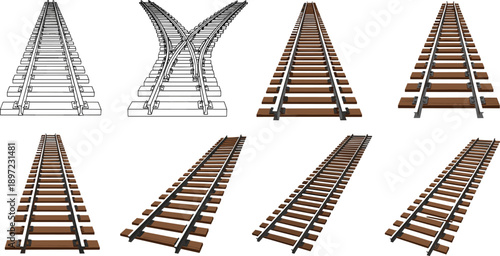 Railway track illustration set showing straight and switching railroad tracks in perspective, isolated vector infrastructure elements for transportation and rail design