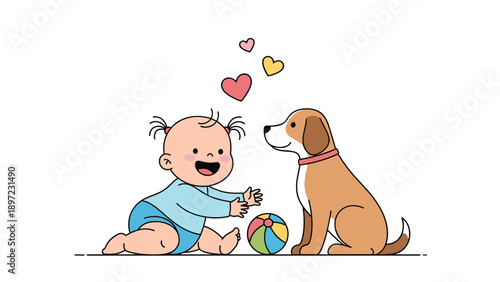 Adorable baby girl sitting on the floor and happily playing with her cute pet puppy and a colorful striped toy ball.