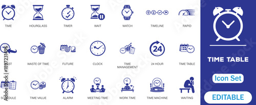 Time icon set. Timer, alarm, schedule, hourglass, clock, Meeting Time, work, hours, Waste of Time, Timetable, Timeline, Time Value and more icons. perfect vector icon collection.