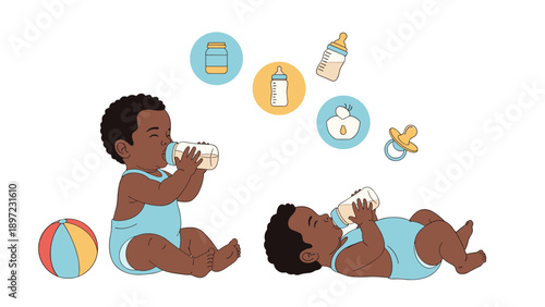 Two cute babies drinking milk from bottles while surrounded by floating icons of baby food, pacifiers, and bottles.