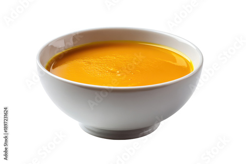 White bowl filled with vibrant orange pumpkin soup on black background image, Isolated, Png Transparent Background