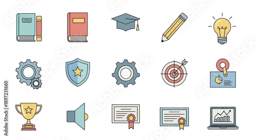 Education and Business Icons Set: Books, Graduation Cap, Pencil, Lightbulb, Trophy, Laptop