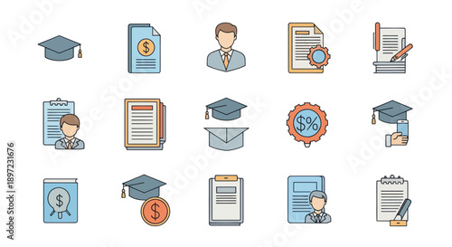 Education Finance Icons: Graduation Caps, Documents, Money, People, Gears