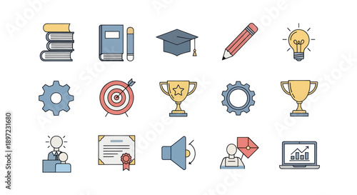 Education and Success Icons: Books, Graduation Cap, Trophy, Lightbulb, Target, Laptop