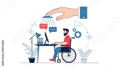 Professional man in a wheelchair working on a computer while a large protective hand shields him from symbolic rain.