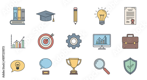 Education and Business Icons Set: Learning, Success, Strategy, and Achievement
