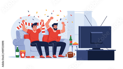 Two excited male fans cheering and celebrating while watching an American football game on television at home together.