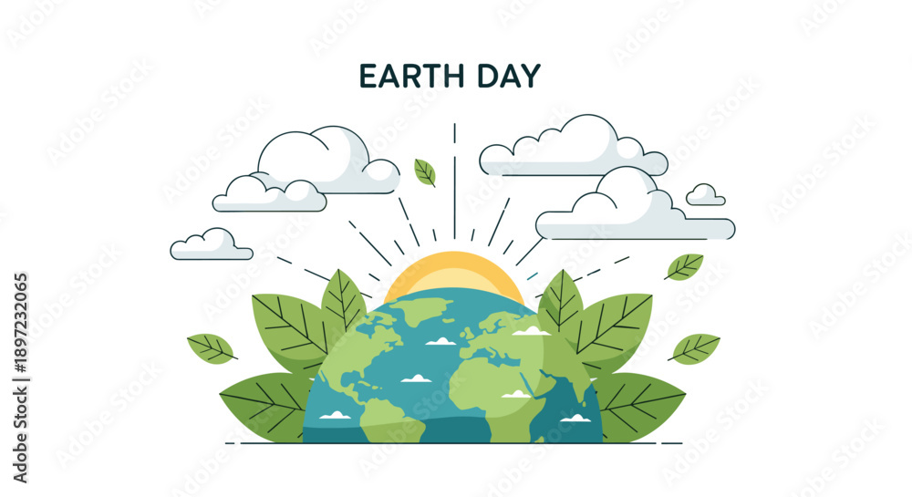 Fototapeta premium Rising Sun Behind a Planet Earth Globe Surrounded by Large Green Leaves Illustration Representing a New Day for Environmental Conservation and Sustainability, Generative AI.