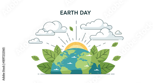 Rising Sun Behind a Planet Earth Globe Surrounded by Large Green Leaves Illustration Representing a New Day for Environmental Conservation and Sustainability, Generative AI.