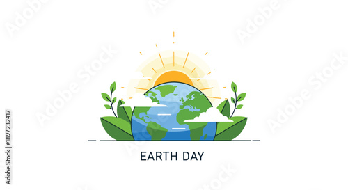 Rising Sun Behind a Planet Earth Globe Surrounded by Green Leaves Illustration for Happy Earth Day Representing New Beginnings and Environmental Awareness, Generative AI.