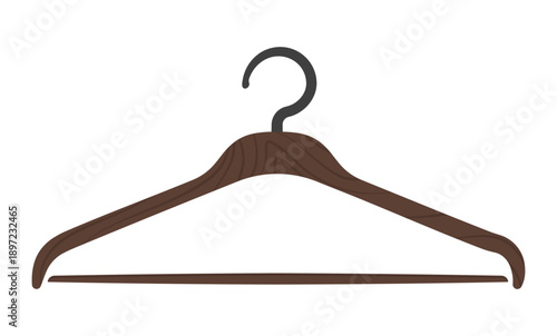 Wooden clothes hanger with metal hook, without background.
