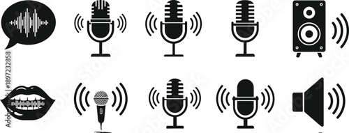 Audio sound icons collection microphone speaker voice waveform symbols isolated white background minimal music communication illustration set