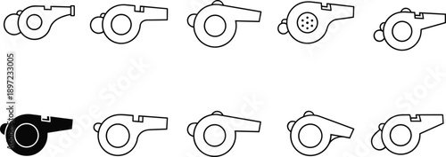 Whistle Icon Set Collection with Outline and Solid Styles, Referee Safety Emergency Signal Symbols, Isolated Vector Illustration Design Pack