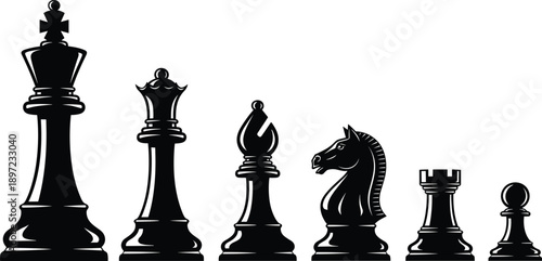 Black chess pieces silhouettes king queen bishop knight rook pawn isolated white background strategy game illustration set