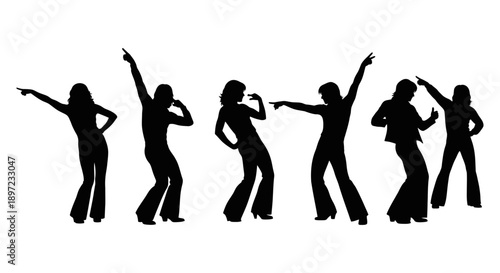 retro disco party silhouettes dancing and posing on a white background ideal for 70s and 80s music and vintage design.