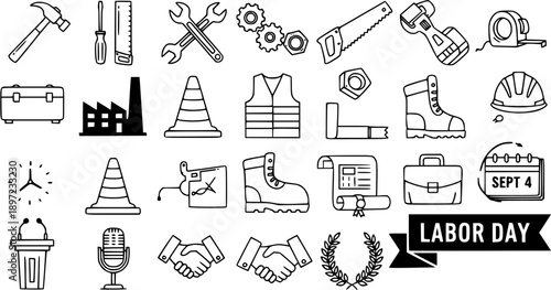 Labor Day Black and White Line Art Icons Set: Hand-drawn Work, Construction, Industrial Tools and Safety Equipment Symbols