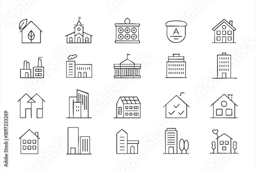 City Infrastructure and Real Estate Outline Icon Set