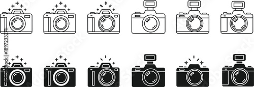 Camera icon set in line and solid styles, photography symbols with flash for photo, media, technology, and creative design concepts
