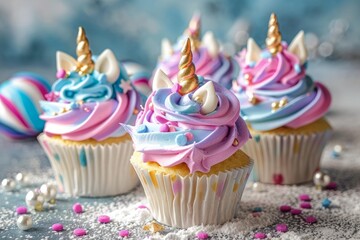 Delicious unicorn cupcakes with colorful frosting and sprinkles create a whimsical and magical treat for a celebration