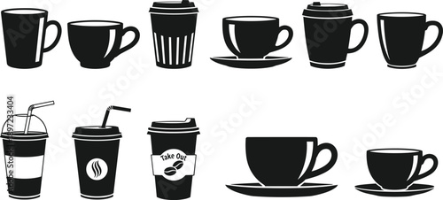 Black coffee cup silhouettes collection mugs takeaway cups cafe drink icons isolated white background minimal beverage illustration set
