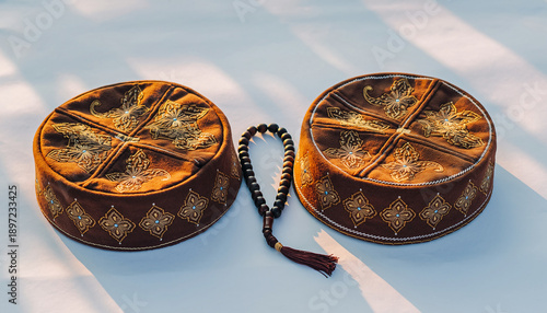 Intricately embroidered traditional prayer caps and spiritual rosary beads arranged on a pristine surface, symbolizing faith, culture, and heritage