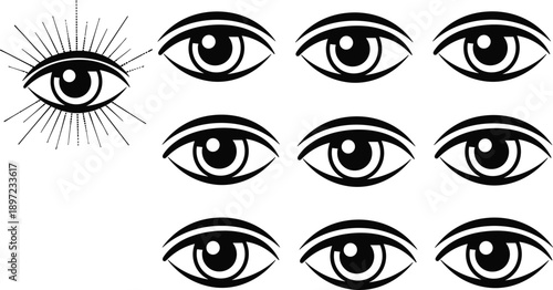 Black eye silhouettes collection vision symbols staring eyes isolated white background minimal optical illustration icon design set