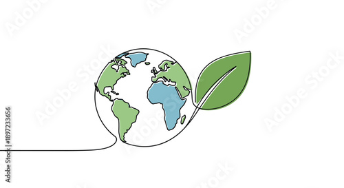 Continuous One-Line Drawing of a World Map Globe Connected to a Single Green Leaf Representing the Connection Between the Planet and Nature in a Minimalist Artistic Style, Generative AI.