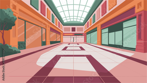 Stylized vector illustration of a modern shopping mall with geometric patterned floor, glass atrium, colorful panels, and minimalist storefronts.