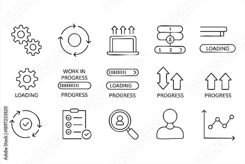 Loading Indicators and Workflow Steps Line Icon Set