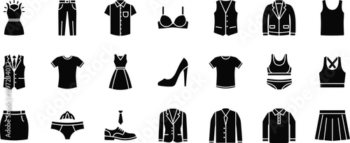 Clothing fashion icons silhouettes collection men women apparel shoes lingerie isolated white background minimal retail illustration set