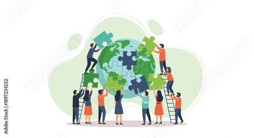 Large Group of People Collaborating to Assemble a Jigsaw Puzzle in the Shape of a Large Earth Globe on a Light Abstract Background Representing Global Cooperation Efforts, Generative AI.