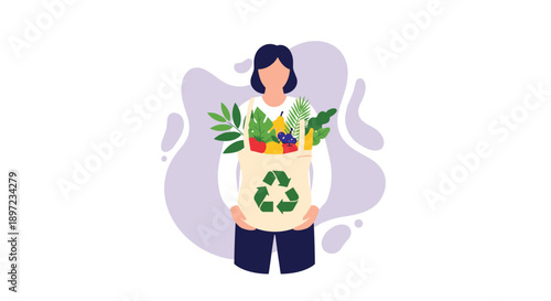 Woman Carrying Reusable Fabric Bag Filled with Fresh Fruits and Vegetables on Lavender Abstract Background for Sustainable Shopping and Eco Friendly Living Concept, Generative AI.