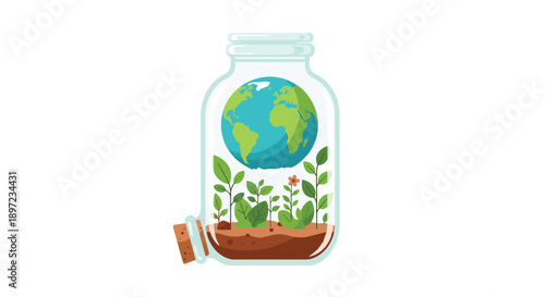 Earth Globe Floating Inside a Glass Terrarium Jar with Soil and Growing Green Plants and Flower on White Background for Environmental Preservation and Ecology Concept, Generative AI.