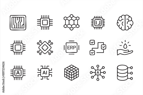 Artificial Intelligence and Data Technology Line Icons for Business
