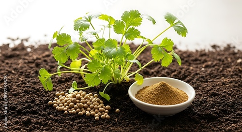 Coriander plant with seeds and powder