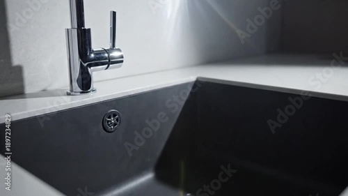 Modern Kitchen Sink With Sleek Chrome Faucet And Water Flow